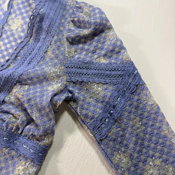 Free People Gingham Floral Lace Cardigan Top Women's XS Blue Sheer Boho V-Neck - Picture 5 of 9